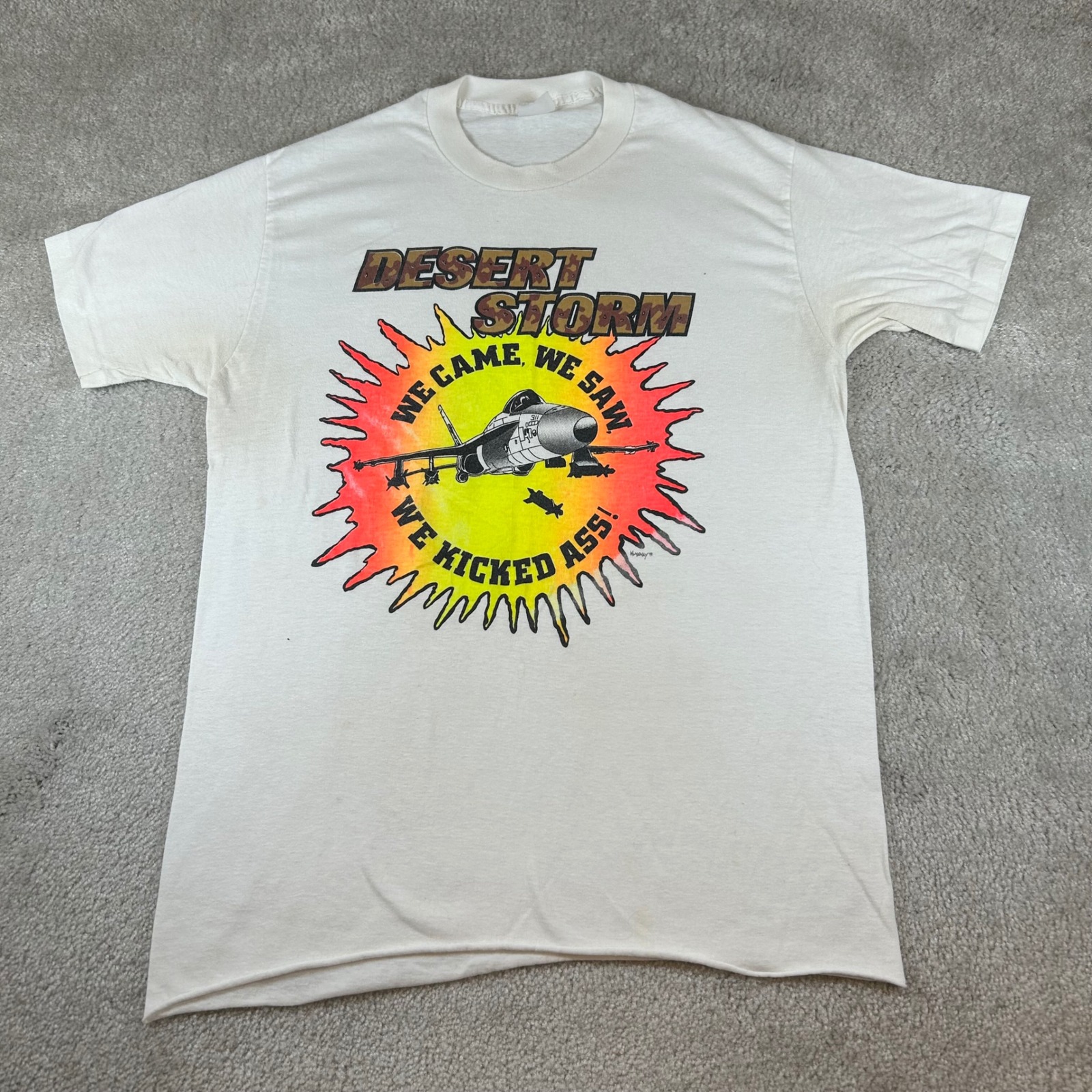 Vintage 90s Desert Storm TShirt Mens Large White 1991 Military Graphic Usa Made